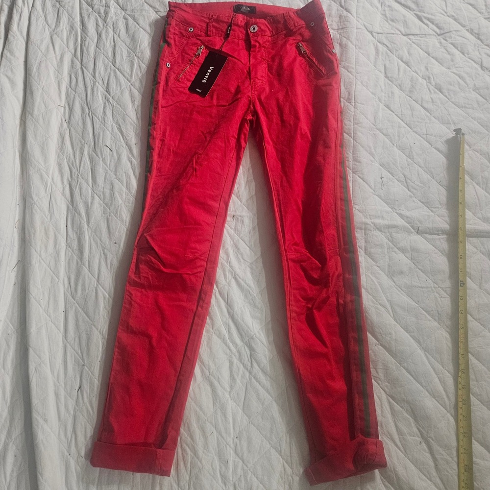 Venti6 Italy Red Slim Fit Pants Green Stripe Side Detail Art 12094 Size S/8 NEW